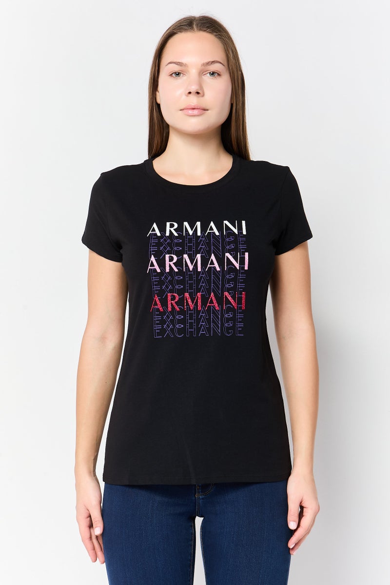 armani AX Armani Exchange Women Crew Neck Short Sleeve Brand Logo T-Shirt, Black - Image 1